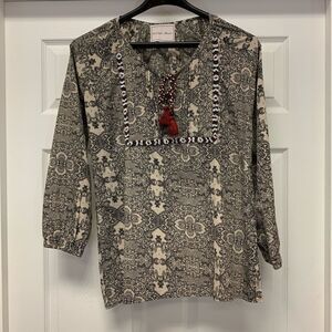 Beautiful Stories Print & Beaded  Boho Peasant Tassel Blouse S